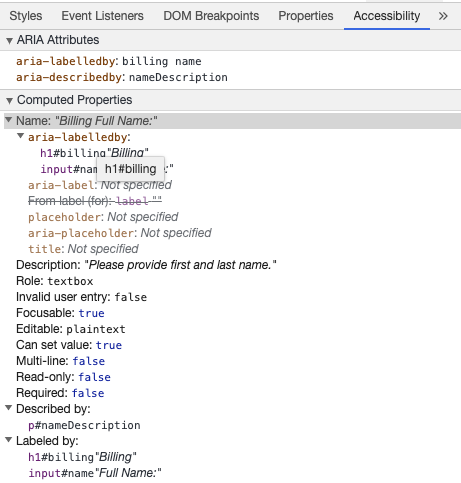 أدوات تطوير Chrome تظهر اسم الإدخال الوصولي من aria-labelledby والوصف مع aria-describedby